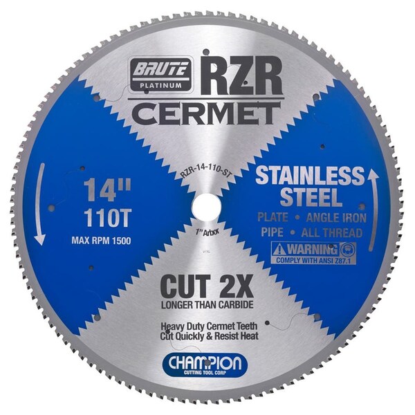 Brute Platinum 14in Brute RZR Cermet Tipped Circular Saw Blades for Stainless Steel, 110 Teeth, 1in Arbor CHA RZR-14-110-ST - main